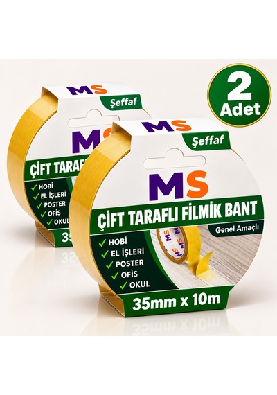 2 Adet Çift Taraflı Filmik Şeffaf Bant 35 Mm X 10 Metre Yapışkanlı Hobi Bandı El Çok Amaçlı Bantları