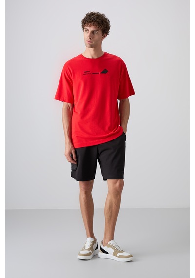 Tommy Life Fiesta Pamuklu Kalın Yumuşak Dokulu Oversize Fit Baskılı Erkek T-shirt - 88330 Kirmizi