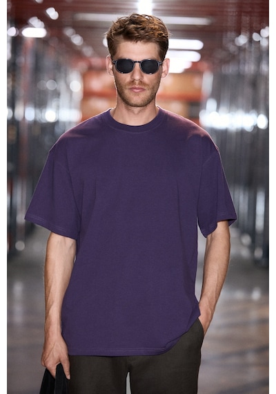 Grımelange Jett Erkek Oversize Fit %100 Organik Pamuk Kalın Dokulu Bisiklet Yakalı Koyu Mor T-shirt