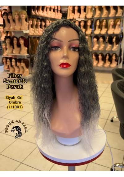 Afro Su Dalgası Peruk Fiber Sentetik Siyah Gri Ombre