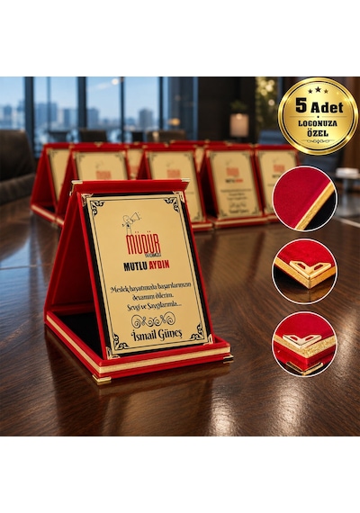 Logonuza Özel 5 Adet Mesajlı Kırmızı Kadife Albüm Plaket Kurumsal Ödül Ve Teşekkür Seti