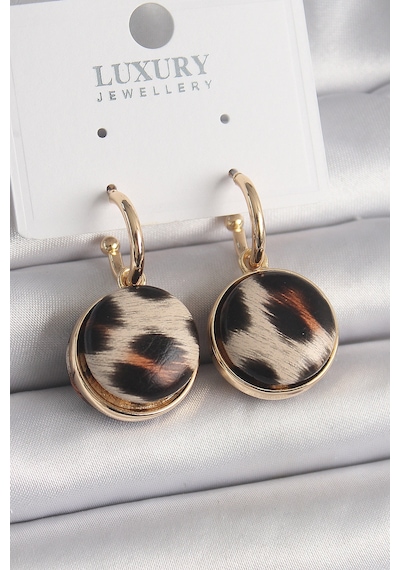 Pirinç Gold Renk Leopar Desenli Daire Model Kadın Küpe 5886 Diğer