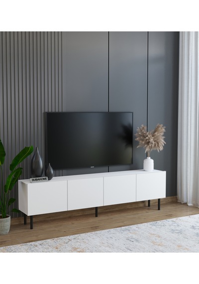 Minimalist 160 Cm Demir Ayaklı Modern Tasarım Beyaz TV Ünitesi