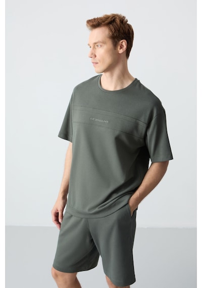 Haki Pamuklu Kalın Yumuşak Dokulu Oversize Fit Basic Erkek Şort Takım - 85257