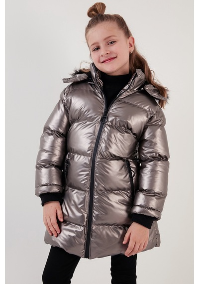 Lela Peluş Astarlı Yakası Suni Kürklü Çıkarılabilir Kapüşonlu Kışlık Kız Çocuk Mont 5761908 Bronz