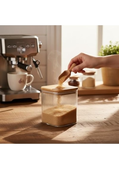 Bambu Kapaklı 200 Ml Kare Cam Kavanoz Çizgili Şeffaf Tasarım, Sızdırmaz Silikon Contalı Saklama Kabı 7009