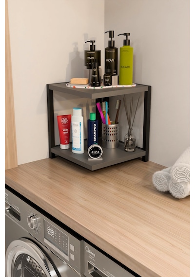 İki Raflı Banyo Köşe Kare Düzenleyici Organizer Raf Metal Gövdeli Çok Amaçlı Banyo Standı Antrasit