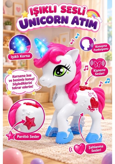 Işıklı Ve Sesli Konuşan Oyuncak Unicorn At 25 Cm - Ses Tekrar Özellikli Eğitici Eğlenceli Peri Atı