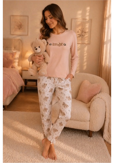 Rindahomewear Kadın Love Baskılı Süprem Uzun Kol Pijama Takımı Bej1