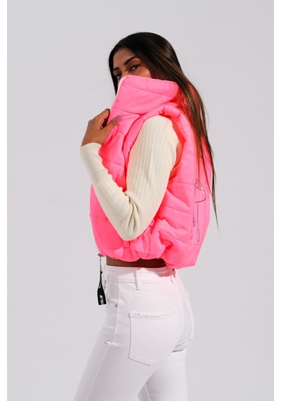 Keyifli Moda Kadın Pembe Sırtı Taş İşlemeli Dik Yaka Kısa Şişme Yelek-pembe Pembe