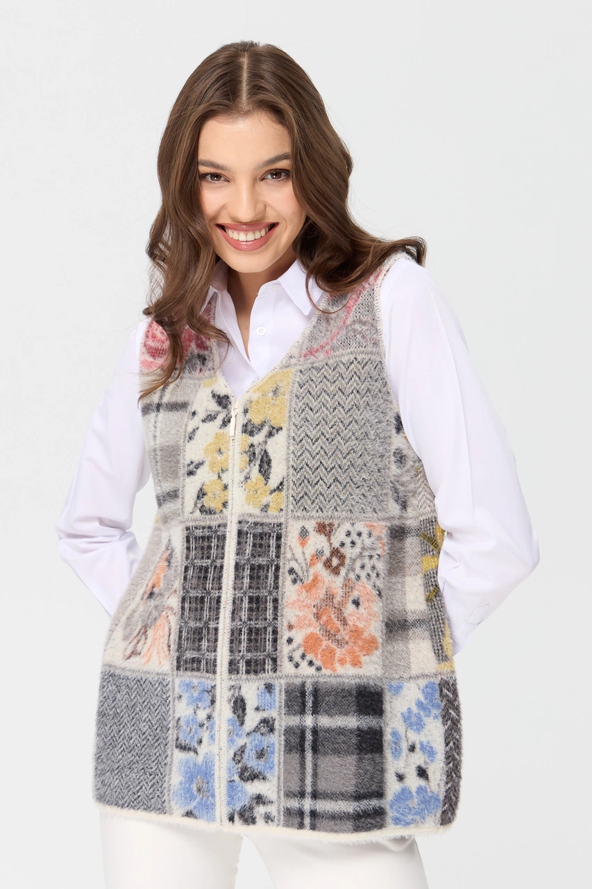 Desen Triko Kadın V Yaka Patchwork Yelek Kemik Kemik