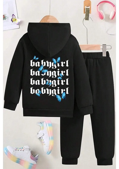 Uyguntarz Babygirl Baskılı Çocuk Rahat Eşofman Takımı Siyah