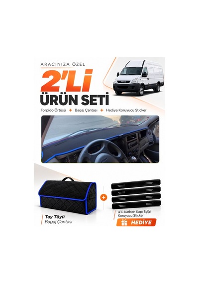 Iveco Daıly 2011-2014 Uyumlu Torpido Örtüsü + Tay Tüyü Bagaj Çantası + Sticker Seti - Siyah Mavi