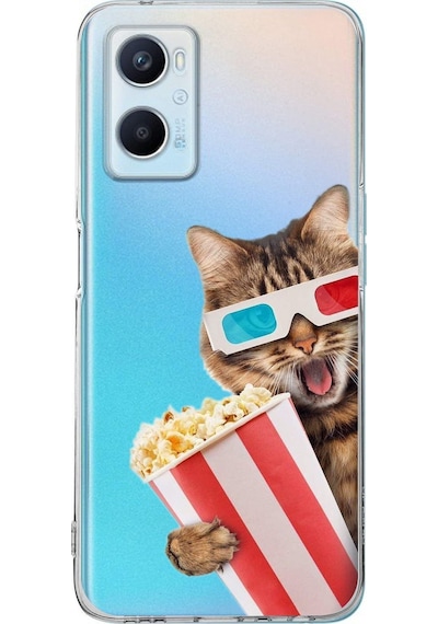 Oppo A96 İle Uyumlu 1mm Slim Fit Kedi 1 050b Baskılı Şeffaf Kılıf Şeffaf