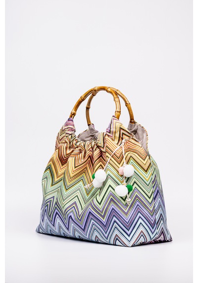Fabric Craft Bag El Çantası Bambu Saplı Zigzag Desenli Duck Kumaş Çok Renkli