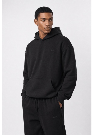 Erkek Respire Basic Oversize Hoodie Siyah