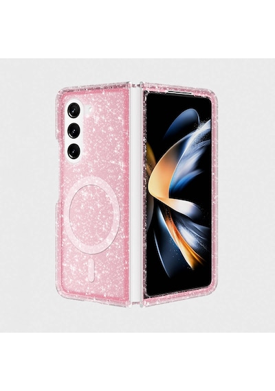 Samsung Uyumlu Galaxy Z Fold 6 Kılıf M-safe Şarj Özellikli Parlayan Simli Saydam Renkli Zore Allstar Kapak Pembe