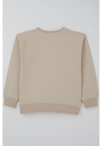 Breeze Kız Çocuk Sweatshirt Simli Kurdeleli Kalp Baskılı 9-14 Yaş, Bej Bej