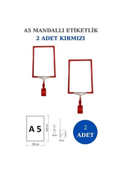 2 Adet Kırmızı A5 Mandallı Raf Sepet Etiketi Çerçeveli Etiketlik Kırmızı