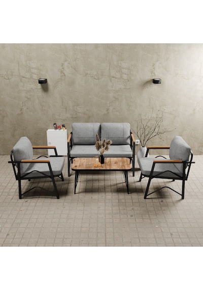Mb Garden Furnıture Simetri Model, Balkon, Bahçe, Cafe, Metal Koltuk Takımı,bahçe Takımı,,2+1+1+sehpalı Süngerli Açık Gri