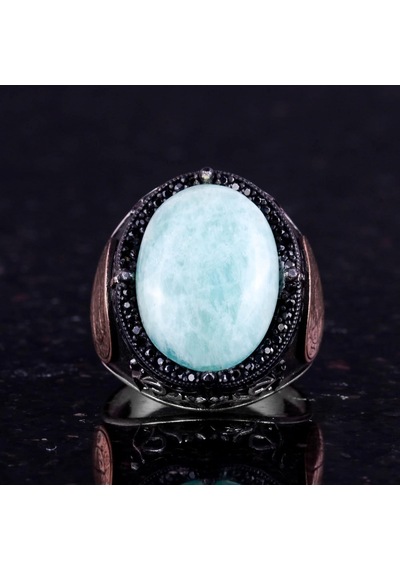 Doğal Cabochon Amazonit Taş Yüzük, Sürekli 925k Katı Gümüş Erkek Yüzüğü - Süleyman Mührü Gümüş Yüzük Gümüş