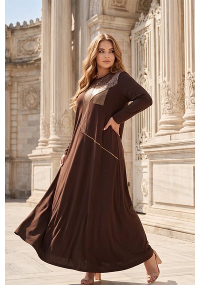 Hermevsim Wearon Kadın Büyük Beden 2 İp Penye Süs Derili Taşlı Beste Kahve Elbise Kahverengi Hermevsim Wearon Kadın Büyük Beden 2 İp Penye Süs Derili Taşlı Beste Kahve Elbise Kahverengi