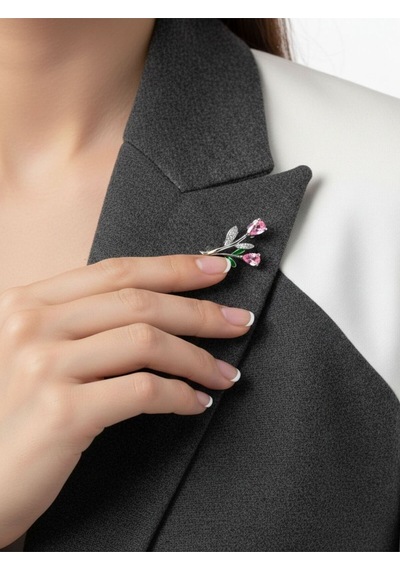 Oya Silver Minimal Pembe Kuvars Taşlı Gümüş Çiçek Broş 1.5x2.4 Cm Oya-bz667