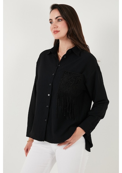 Lela Regular Fit Güpürlü Cep Detaylı Uzun Kollu Bayan Gömlek 6773215 Siyah
