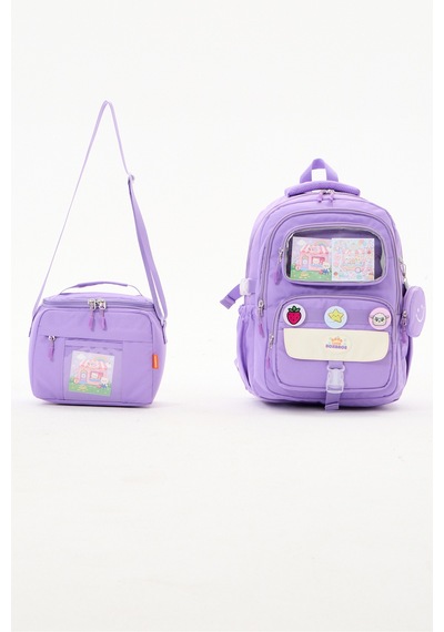 Kawaii 2'li Okul Çantası Seti İlkokul Sırt Çantası + Termal Beslenme Çantası Mor