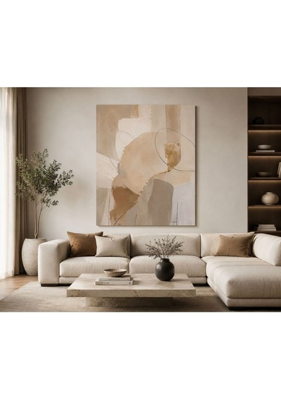 Bej Harmony Soyut Modern Kanvas Tablo Minimal Dokulu Tasarım Nötr Tonlu Dekoratif Duvar Tablosu Salon Yatak Odası Dresuar Üstü Uyumlu Duvar Dekoru