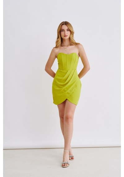 Munora Butik Kalp Yaka Eteği Kruvaze Mini Yeşil Elbise Yeşil Yeşil