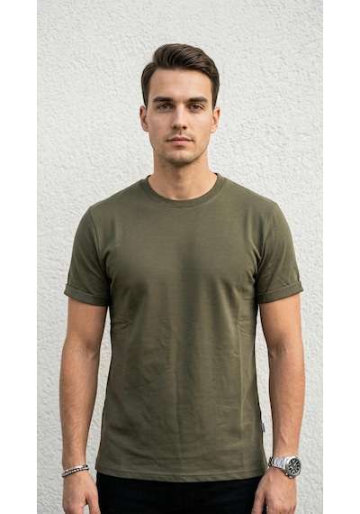 Plus Scorpion T02 Kol Katlama Erkek Slim Fit Basic Tişört Bisiklet Yaka, Düz Kumaş, Yazlık Model Haki