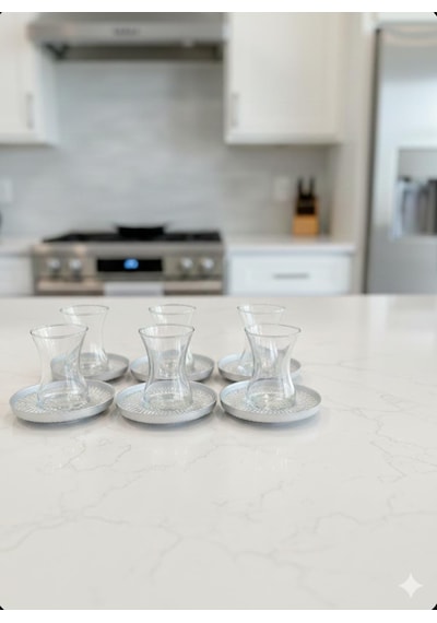 12 Parça Çay Bardağı Ve Çay Tabağı- Çay Takımı Seti Gri Renk Çay Tabağı Açık Gri