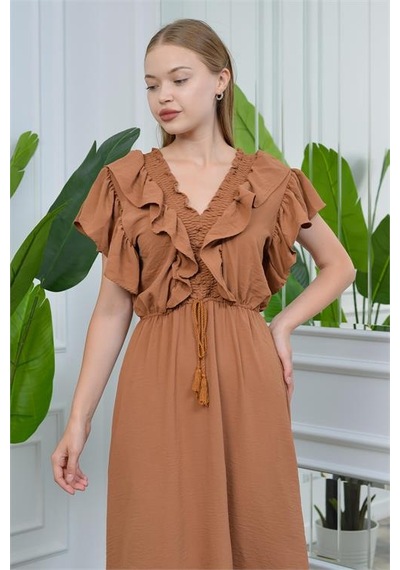 Neşeli Butik Kadın Yaka Ve Kolları Fırfırlı Bağlama Detaylı Ayrobin Elbise Nb10050 Taba