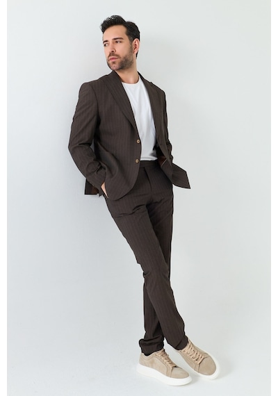 Kahverengi Çizgili 6 Drop Erkek Slim Fit Takım Elbise Kahve