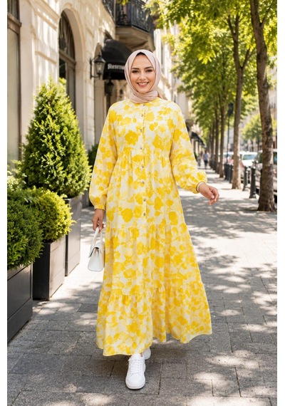 Hb Harma Time Butik Kadın Düğmeli Desenli Modal Kumaş Sarı Elbise Hardal