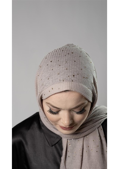 Hürrem Bone Vizon Pratik Hazır Geçmeli Tesettür Şal Örme Kumaş Taş Desenli 2118t 10