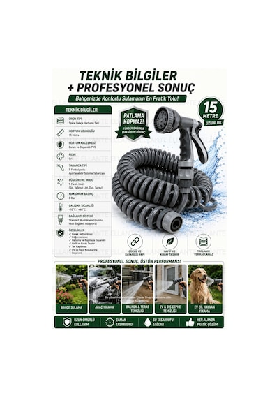 15 Metre Spiral Bahçe Hortumu Seti Çok Fonksiyonlu Sulama Tabancalı Patlama Ve Kopmaya Dayanıklı