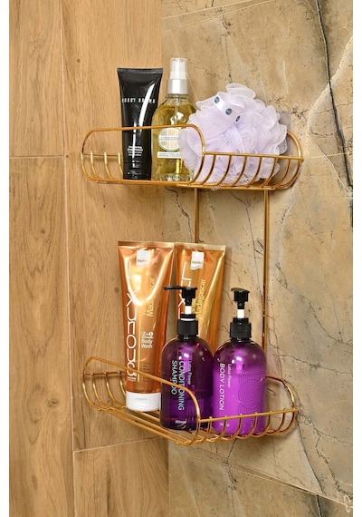 Parlak Altın Banyo Organizer Seti Havlu Askısı 2 Katlı Şampuanlık Raf