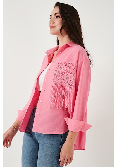 Lela Regular Fit Güpürlü Cep Detaylı Uzun Kollu Bayan Gömlek 6773215 Şeker Pembe