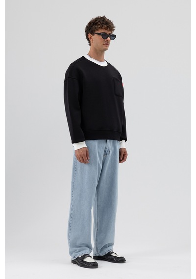 Vamos Bisiklet Yaka Cep Detaylı Oversize Sweatshirt Siyah