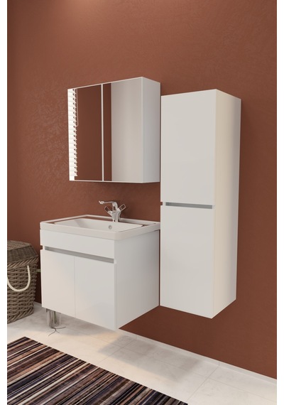 Tokyo 65 Cm Havlu Dolaplı Aynalı Banyo Dolabı Takımı Seramik Lavabolu Mdf Gövde Beyaz