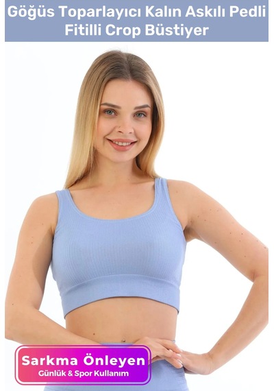 Fantazer Premium Göğüs Toparlayıcı Sarkma Önleyen Spor Günlük Kalın Askılı Pedli Fitilli Crop Büstiyer Mavi