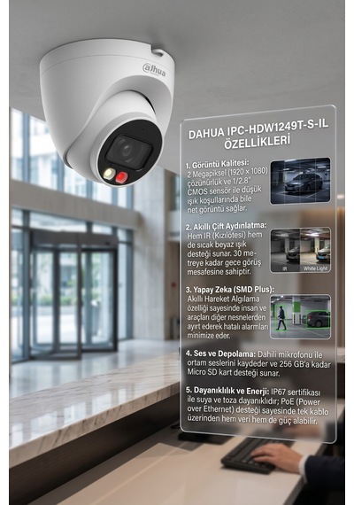 Dahua Ipc-hdw1249t-s-ıl 2mp Sesli Mikrofonlu Smart Dual Light Akıllı Poe Ip Dome Kamera