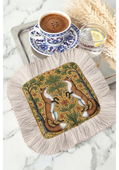 Lüks Vintage Tilki Temalı Saçaklı Kahve Yanı Sunum Peçetesi-doğal Flora Bohem Bardak Altlığı Mendil Çok Renkli