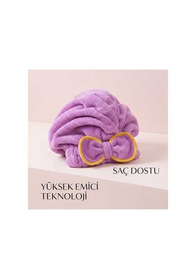 Prenses Peluş Mikrofiber Saç Kurulama Havlusu Çizgi Fiyonklu, Pratik Saç Bonesi - Duş, Makyaj Ve Bakım Saç Wrap Mor