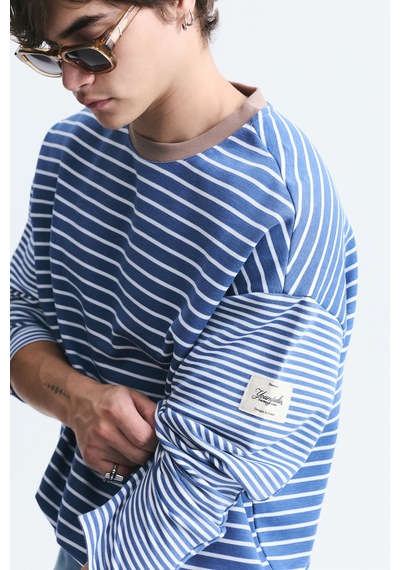 Vamos Kontrast Yaka Çizgili Sweatshirt Ekru-ındigo