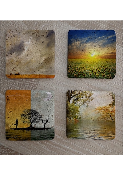 Yoga Denge Ve Gün Btımı Manzaralar Doğal Taş Bardak Altlığı 4'lü Set - Natural Stone Coasters - Taş Çok Renkli