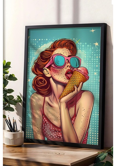 Dondurma Yiyen Kadın Çerçeveli Tablo - Pop Art Poster Tablo