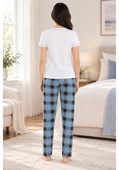 Lılac Kadın %95 Viskon Yaka Biyeli Ekose Pijama Takımı Lacivert-beyaz Lacivert-beyaz